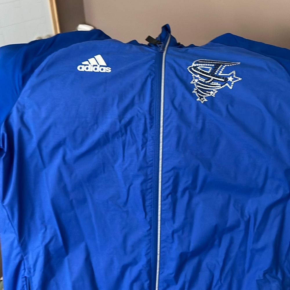 Adidas Blue and Silver Bomber Jacket with Athletic Style